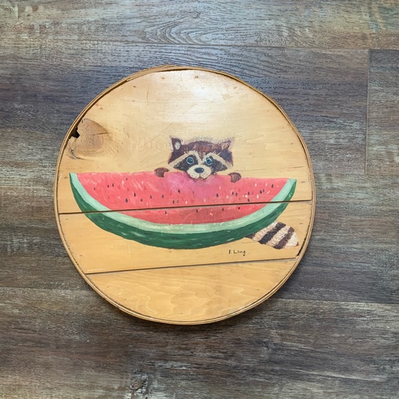 Vintage 80s super cute hand painted raccoon eating some watermelon. - Picture 1 of 10